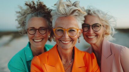 Three elderly women with curly hair and glasses wear colorful jackets, smiling and embracing each other in a joyful moment at the beach, embodying friendship and happiness.