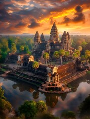 Fototapeta premium Magical Aerial View of Iconic Angkor Wat Temple Silhouetted Against Vibrant Orange Sunset Sky