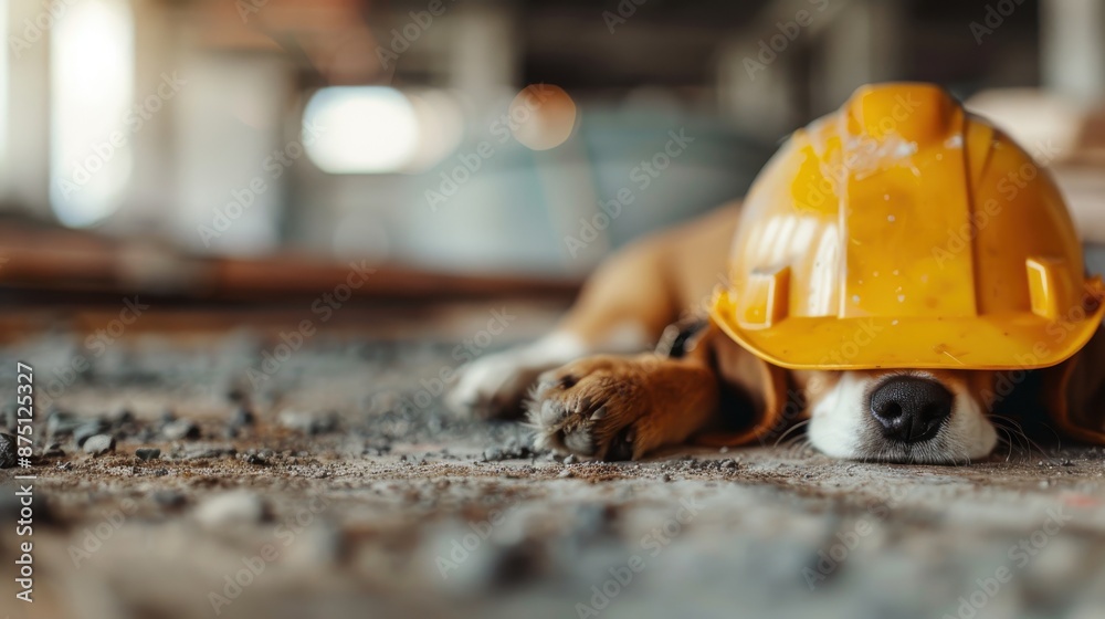 Wall mural a dog is lying on a gravel ground at a construction site, with a large yellow safety helmet resting 