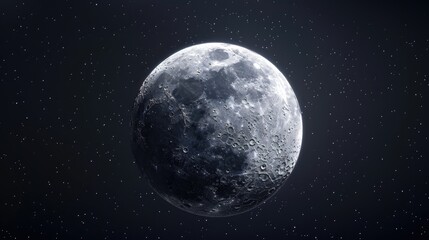 Moon in waxing gibbous phase with craters and night sky on black background