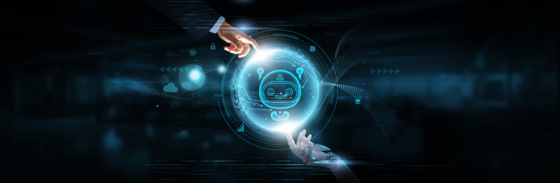 Chatbots: Hands of Robot and Human Touching on Chatbots Network Connection Background, Integration, Artificial Intelligence Technology, Automation, and Efficiency.