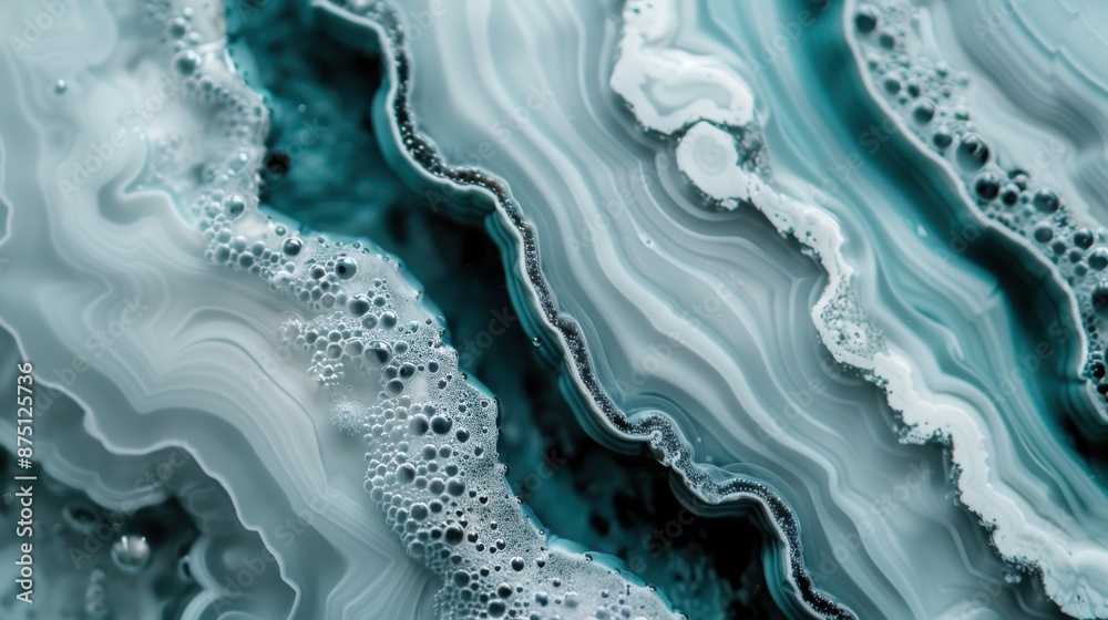 Poster this image features a close-up view of an abstract marble-like texture in turquoise shades with intr