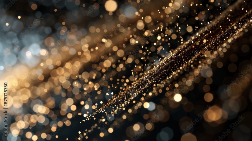 Poster a dynamic abstract image featuring shimmering gold particles against a dark background, creating a d