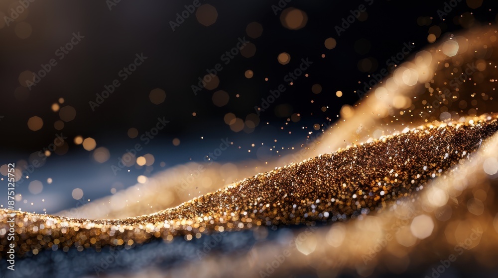 Poster this abstract image showcases luxurious gold particles cascading in a dark scene, creating a sense o