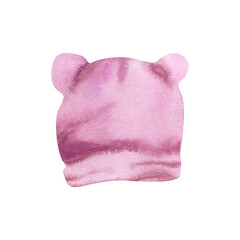 New born baby girl cap watercolor illustration. Kids hat in pink color , accessories for baby shower party, room poster, greeting card, invitation design. Hand drawn clip art