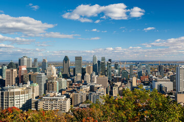 Downtown Montreal city skyline in autumn. Montreal, Quebec, Canada. View from the Kondiaronk lookout, Mount Royal.