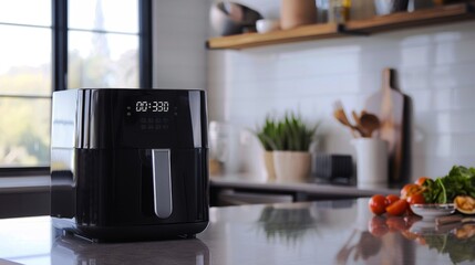 Air fryer digital display in kitchen for modern cooking convenience