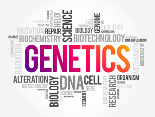 Genetics is a branch of biology concerned with the study of genes, genetic variation, and heredity in organisms, word cloud concept background