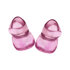Baby girl pink cute booties watercolor illustration. Hand drawn shoe for newborn isolated, kids clothes for foot. Baby shower party composition for poster, invitation, greeting card design.