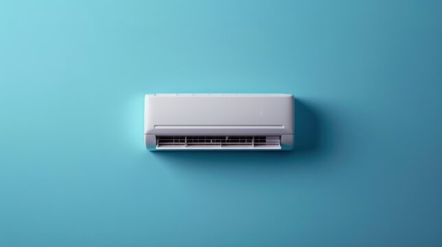 This image features a wall-mounted air conditioner against a solid blue background in a minimalistic setting, representing simplicity and modernity in climate control technology.