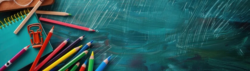 A colorful assortment of pencils and school supplies on a green chalkboard background, perfect for education or back-to-school themes.