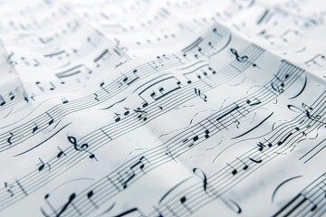 Close-up of a white sheet with black musical notes and notation, creating a visually pleasing and harmonious composition.