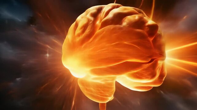 Exploding brain with fiery elements and particles in a dramatic scene