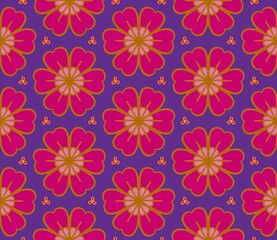 seamless floral pattern
The image showcases a repetitive floral pattern with vibrant pink flowers outlined in gold. Each flower has a detailed center and is set against a deep purple background. Small