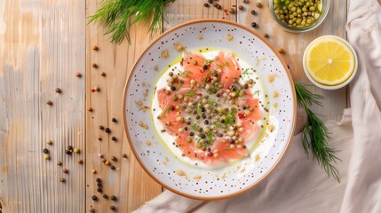 Gourmet smoked salmon carpaccio with peppercorns, lemon, and dill on a rustic wooden table.
