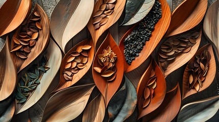 Abstract background featuring wooden wall panels in the shape of leaves, with natural elements in varying colors and shades.