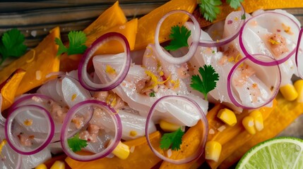 Fresh sea scallop ceviche with red onions, cilantro, and a hint of citrus served on a bed of thinly sliced sweet potatoes.