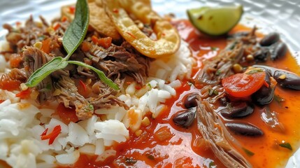A delicious plate of Mexican cuisine featuring shredded beef, rice, black beans, and lime slices.