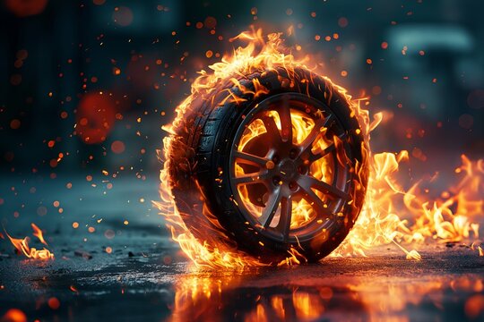 Car wheel burning in flames on dark background. Fire and smoke concept