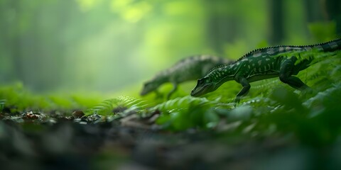 Obraz premium Compsognathus family hunting in a lush forest with scattered leaves on the ground. Concept Dinosaur, Prehistoric, Wildlife, Forest, Hunting
