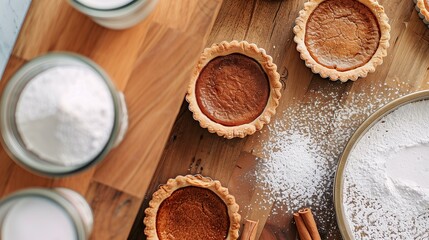 Delicious homemade pies cooling on a wooden table, surrounded by baking ingredients.