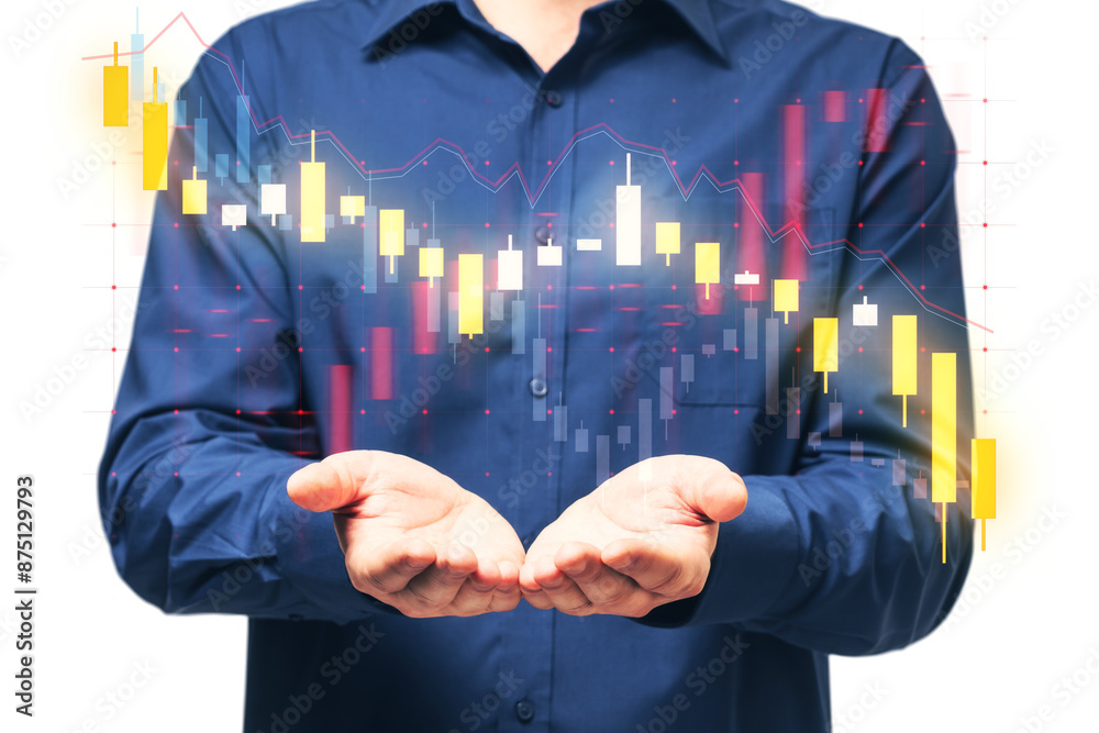 Poster a person holding out their hands with digital financial graphs overlaid, symbolizing data analysis o