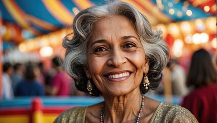 Obraz premium Smiling elderly indian woman with silver hair at a vibrant outdoor festival, exuding joy and happiness with colorful decorations and a crowd in the background.