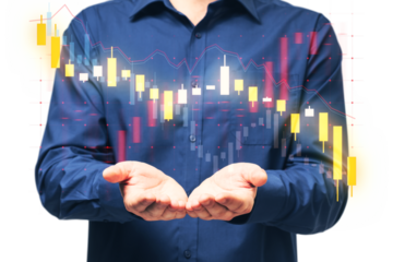 A person holding out their hands with digital financial graphs overlaid, symbolizing data analysis or market trends on a transparent background