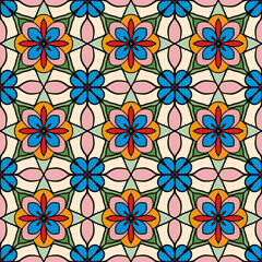 seamless pattern, This image displays a colorful, symmetrical tile pattern. Each tile features a central flower with red and blue petals, surrounded by pink and orange accents.