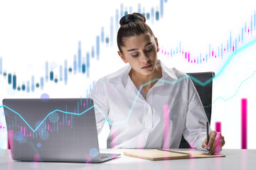 A professional woman analyzing data on her laptop with superimposed financial graphs, white shirt, bright office environment