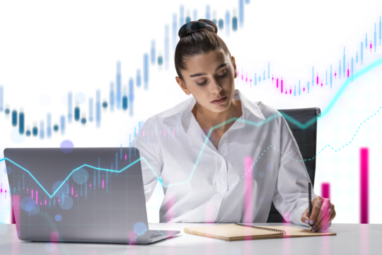 A professional woman analyzing data on her laptop with superimposed financial graphs, white shirt, bright office environment