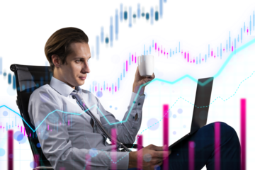 A man in a chair with a laptop and coffee cup, overlaid with colorful financial graphs on a white background, illustrating business analysis