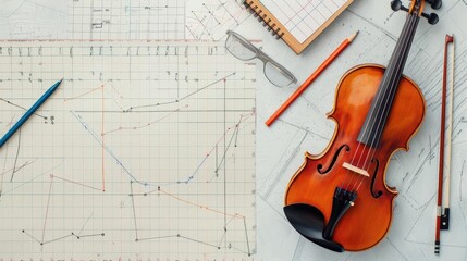 Fototapeta premium Violin placed on an abstract sketch with notebooks and pencils, symbolizing the intersection of art and design in creative processes.