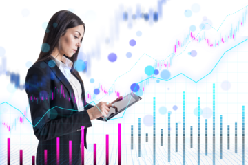 A professional woman interacting with futuristic graphical financial data, set on a white background with a concept of analytics
