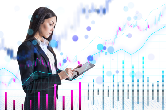 A professional woman interacting with futuristic graphical financial data, set on a white background with a concept of analytics
