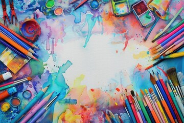 Obraz premium Vibrant assortment of colorful art supplies including paint, pencils, and brushes, perfect for your creative inspiration and artistic projects.