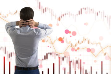 A businessman with hands on head looks at stock market graphs, on a white background, concept of financial analysis