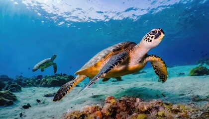 Fototapeta premium Underwater photographs of swimming sea turtles. Generated with AI