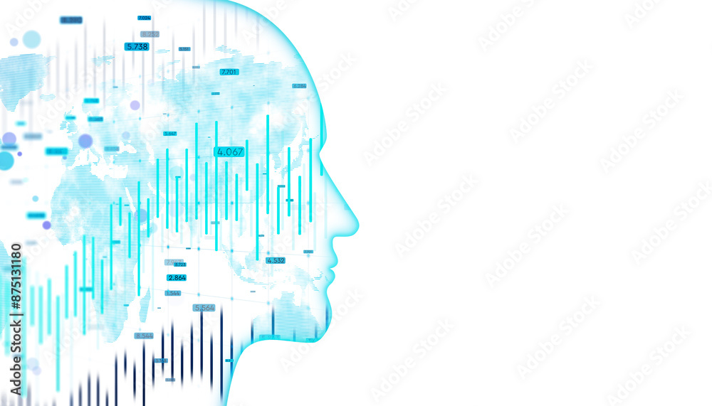 Poster A digital human head silhouette overlaid with analytical charts, against a bright white background, illustrating the concept of data analysis or artificial intelligence. 3D Rendering