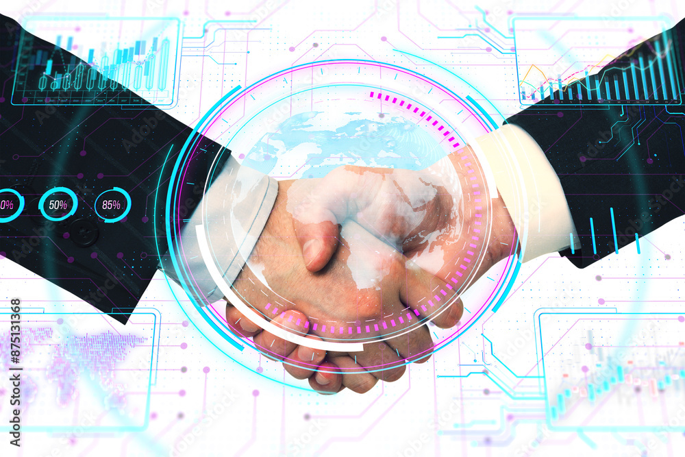 Leinwandbilder Two hands shaking encapsulated in a digital futuristic interface with world map, graphs, and data analytics overlays on a white background, concept of digital global business