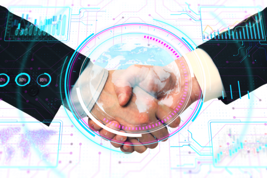 Two hands shaking encapsulated in a digital futuristic interface with world map, graphs, and data analytics overlays on a white background, concept of digital global business