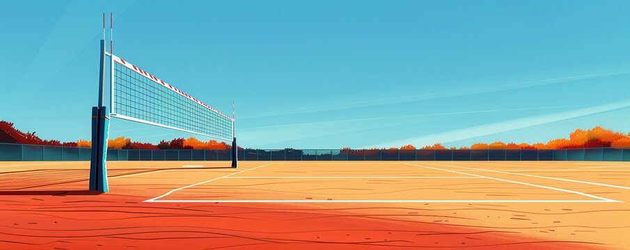 Volleyball net on a sandy court with a blue sky and trees in the background.