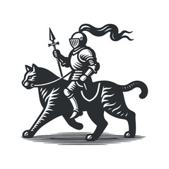 Knight riding a cat. Vintage black engraving vector illustration. Line art, isolated object, cut out