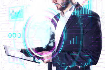A man with futuristic holographic displays overlaying his image, against a digital background, depicting technology concept