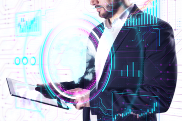 A man with futuristic holographic displays overlaying his image, against a digital background, depicting technology concept