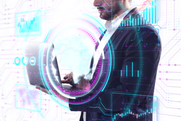 Man interacting with futuristic holographic interface, technological and innovative concept on a digitally enhanced background