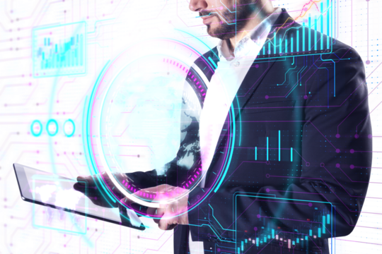 A man with futuristic holographic displays overlaying his image, against a digital background, depicting technology concept - Powered by Adobe
