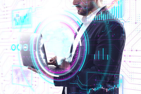 Man interacting with futuristic holographic interface, technological and innovative concept on a digitally enhanced background