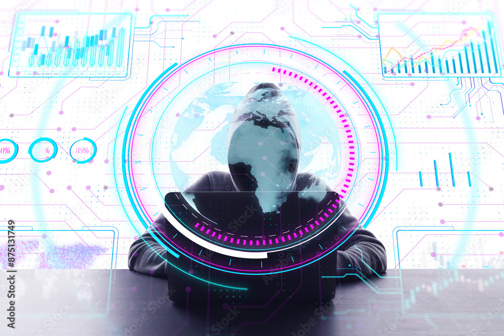 Poster a person with digital overlays depicting analytics and a world map, on a futuristic background, illu