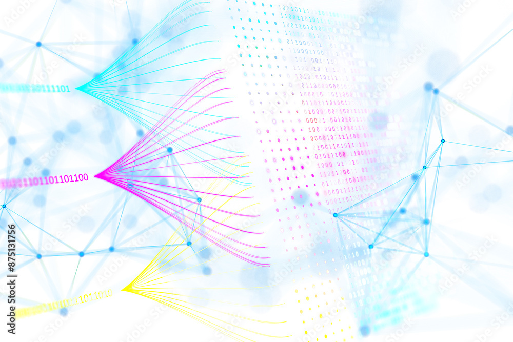 Poster Abstract digital connections with binary code on a white and blue background, concept of network and data exchange. 3D Rendering